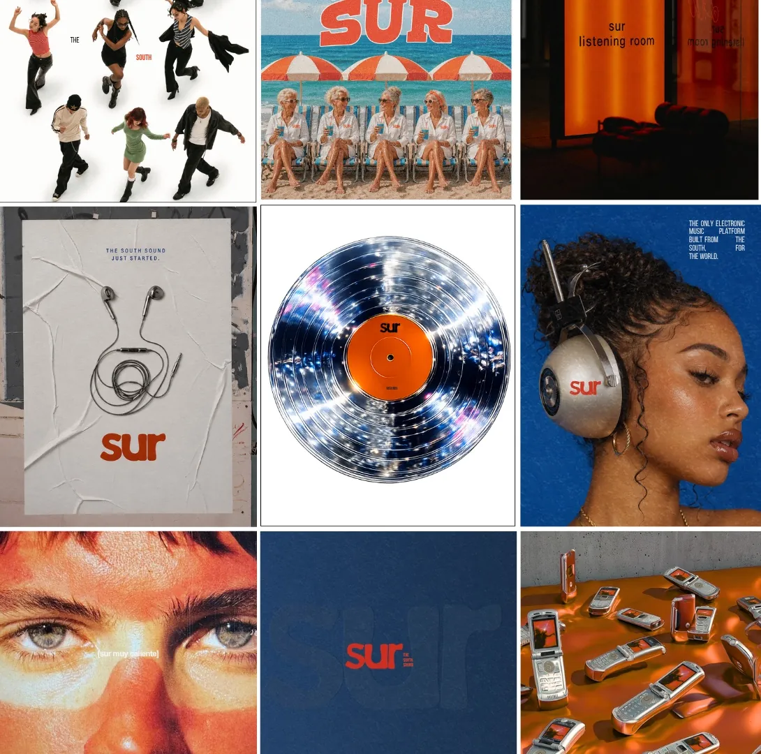 SUR Collective — campaign collage: events, listening room, vinyl and merch